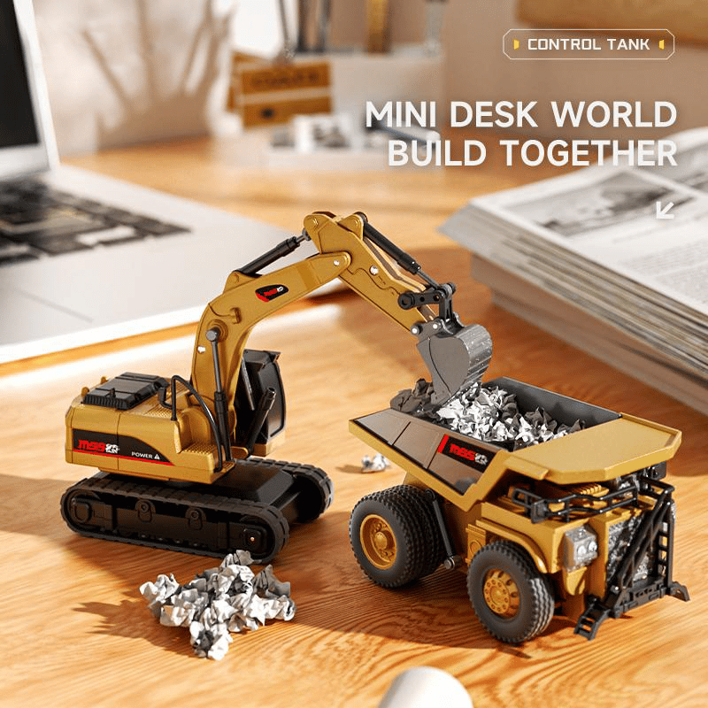 🚜 1:64 Prémium ötvözet Mini RC építőkészlet – Targonca, Kotrógép és Dömper