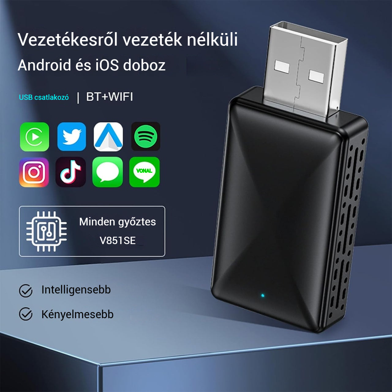 CarPlay, USB stick vezeték nélküli autós csatlakozáshoz Apple CarPlay és Android Auto használatával
