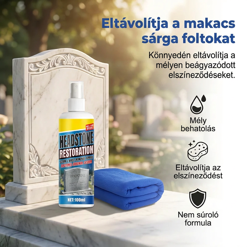 🔥🧼 Sírkő helyreállító és tisztító spray – 🌿 pH-semleges formula, eltávolítja az algákat és zuzmókat, biztonságos gránit, márvány és mészkő esetén 👼💕